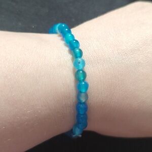 Blue Stripe Onyx Gemstone Beaded Stretchy Elastic Statement Bracelet